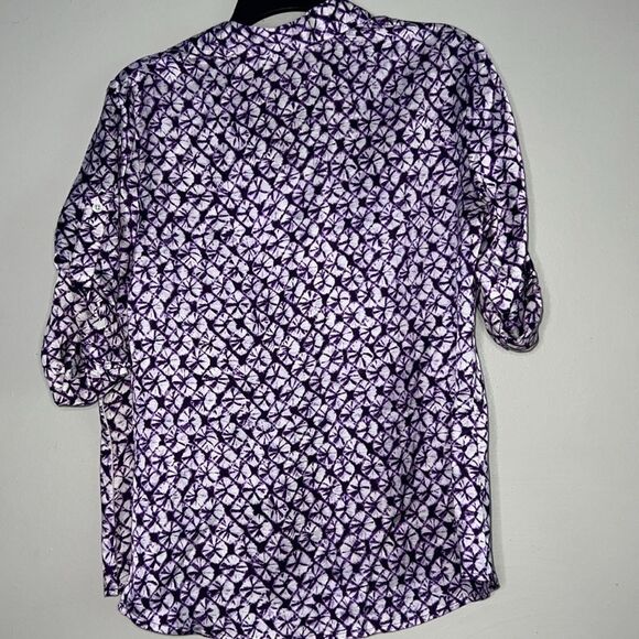 Talbots Blouse Women’s Petites Size 12P Purple White Silk Blend Top Roll tab - Picture 8 of 8